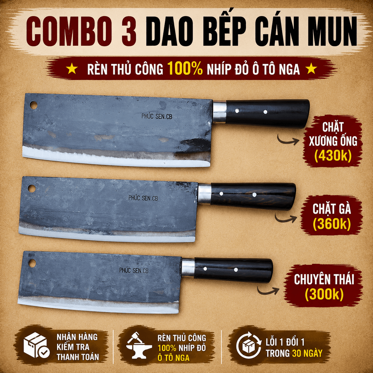 Combo 3 Dao Bếp Cán Mun Combo 3 Dao Bếp Cán Mun