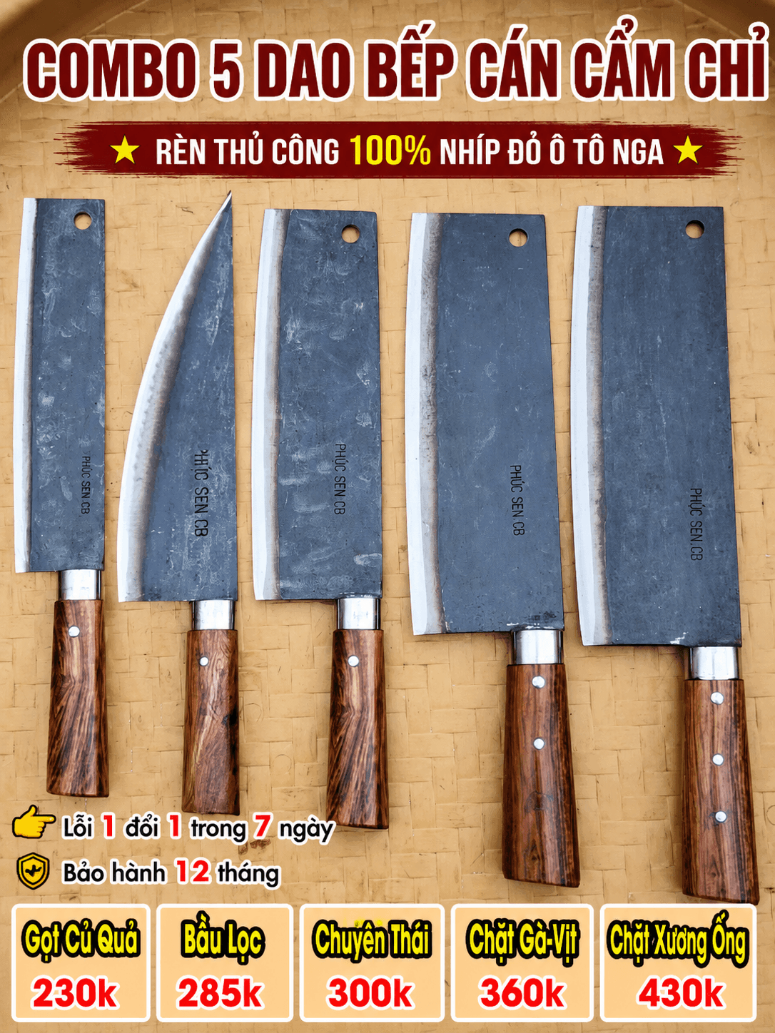 Combo 5 Dao Bếp Cán Cẩm Chỉ