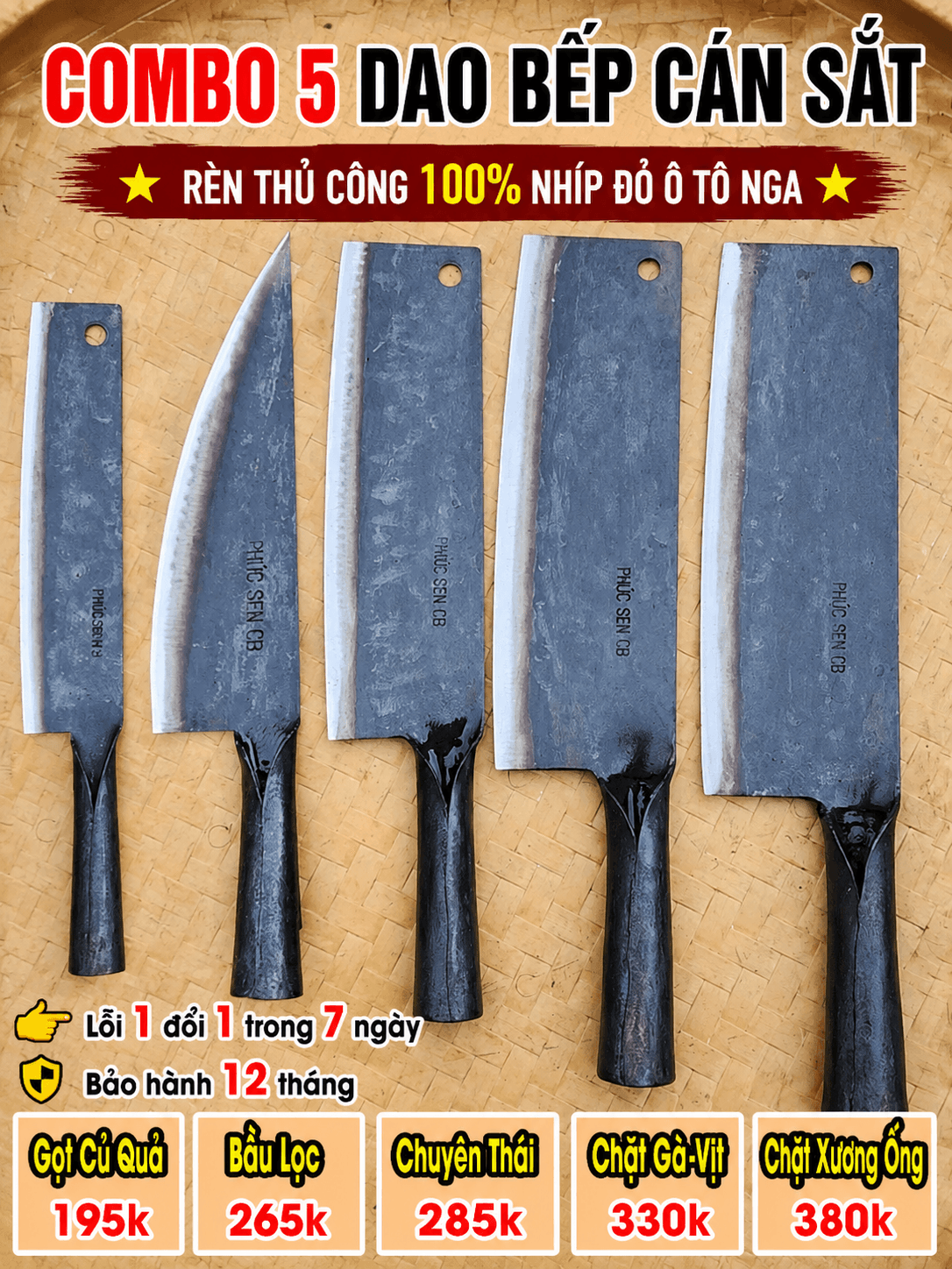 Combo 5 Dao Bếp Cán Sắt Nhíp Đỏ Combo 5 Dao Bếp Cán Sắt Nhíp Đỏ